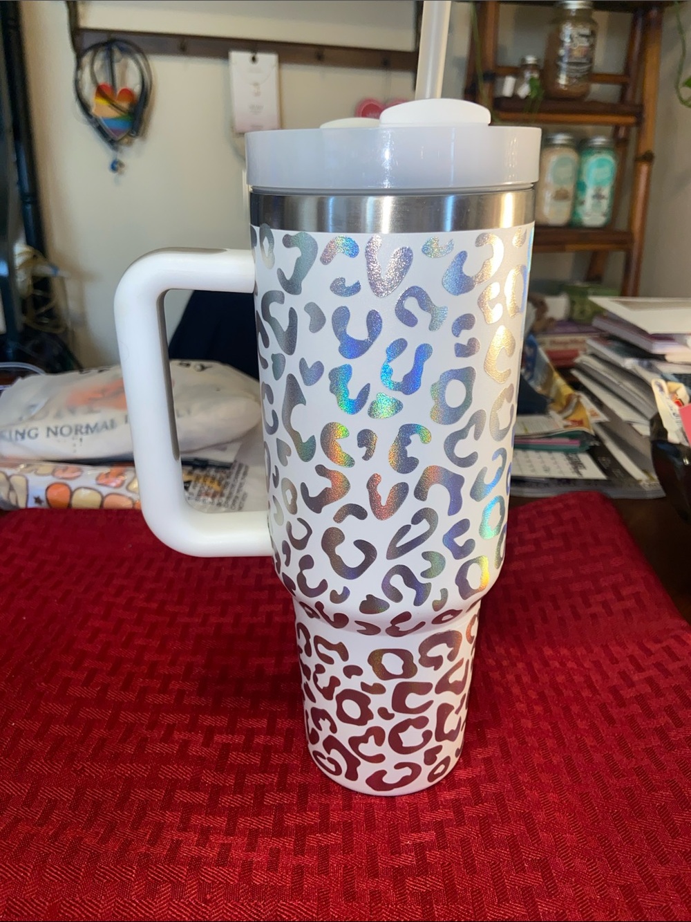 White Holographic Leopard Print Travel Mug with Handle